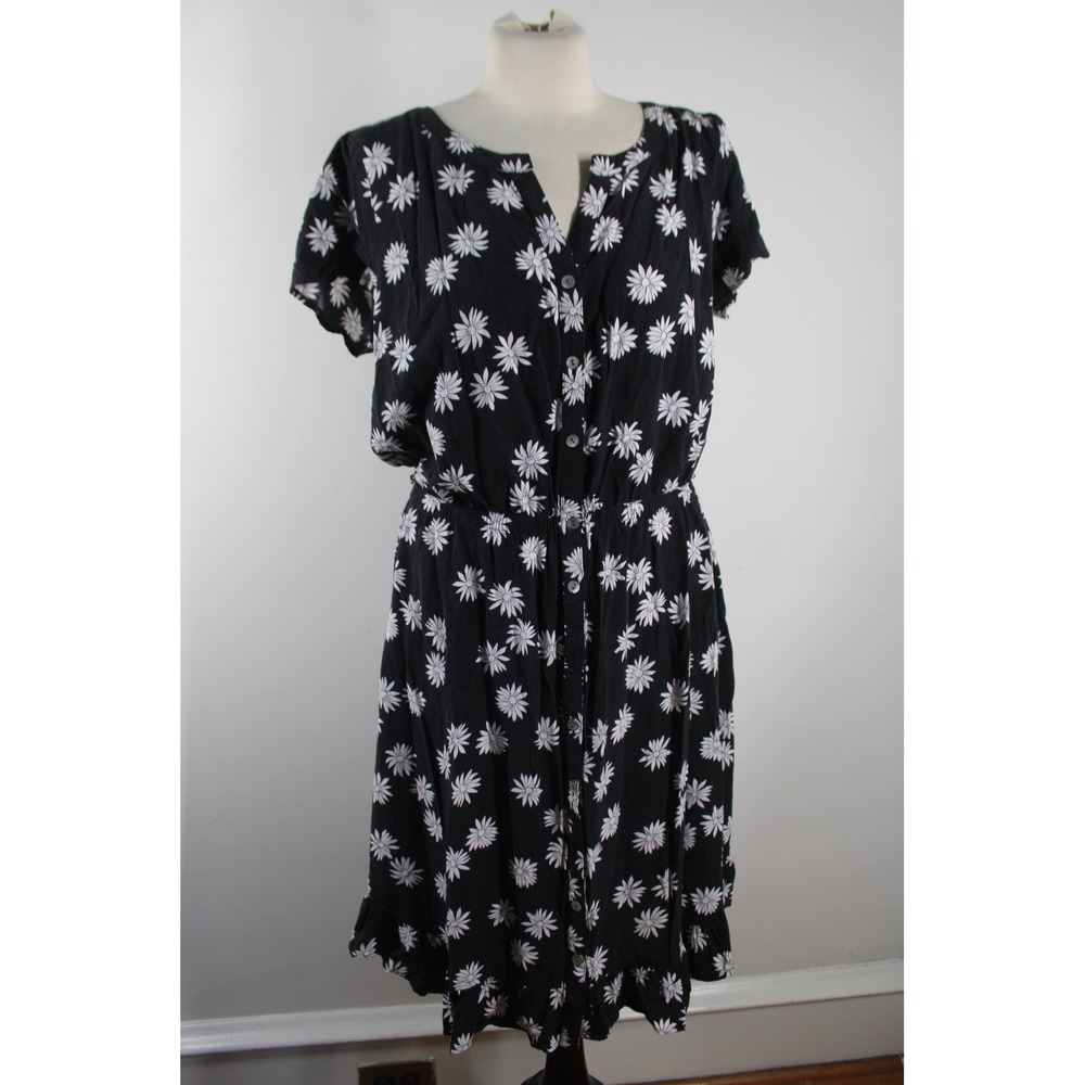 J. Jill M Black White Daisy Floral Rayon Button Front Ruffle Midi Dress